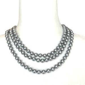 Vintage Extra Long Silver Gray Glass Pearl Opera Length Knotted Necklace 60''